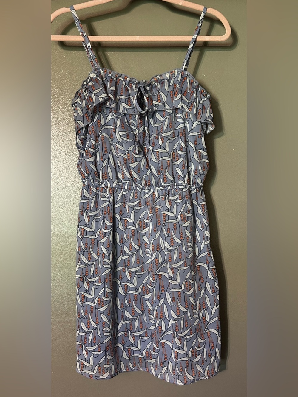 Mossimo Supply Co Blue Leaf Print Ruffle Tie Neck Sleeveless Dress Medium